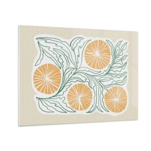 Obraz na skle - Oranžové plody a zelené listy v grafické kompozici - 70x50cm - Etnický s abstraktním nádechem - Moderní nástěnná dekorace do obývacího pokoje a ložnice ARTTOR