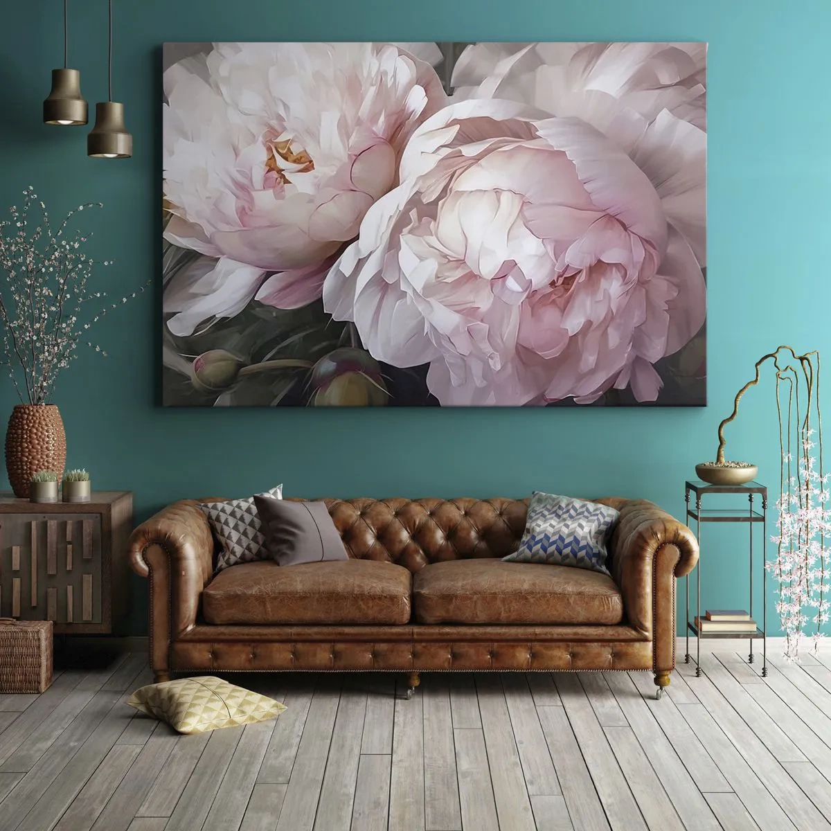 Obraz na plátně - Křehké růžové pivoňky v plném květu - 70x50cm - Uchytnuté v rozkvětu - Moderní nástěnná dekorace do obývacího pokoje a ložnice ARTTOR
