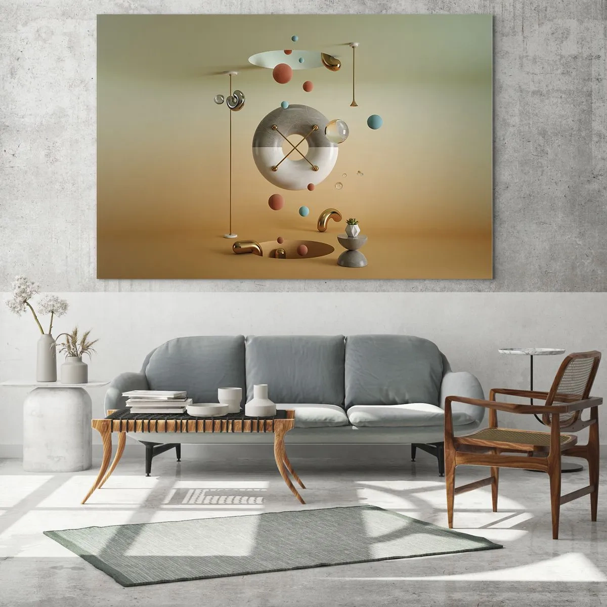 Obraz na skle - Geometrické obrazce v pastelových barvách v abstraktním prostoru - 70x50cm - Vše je možné - Moderní nástěnná dekorace do obývacího pokoje a ložnice ARTTOR
