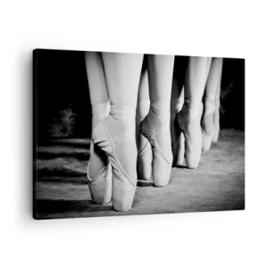 Obraz na plátně - Černobílý snímek baletních bot tanečnic - 70x50cm - Společně, lehce - Moderní nástěnná dekorace do obývacího pokoje a ložnice ARTTOR