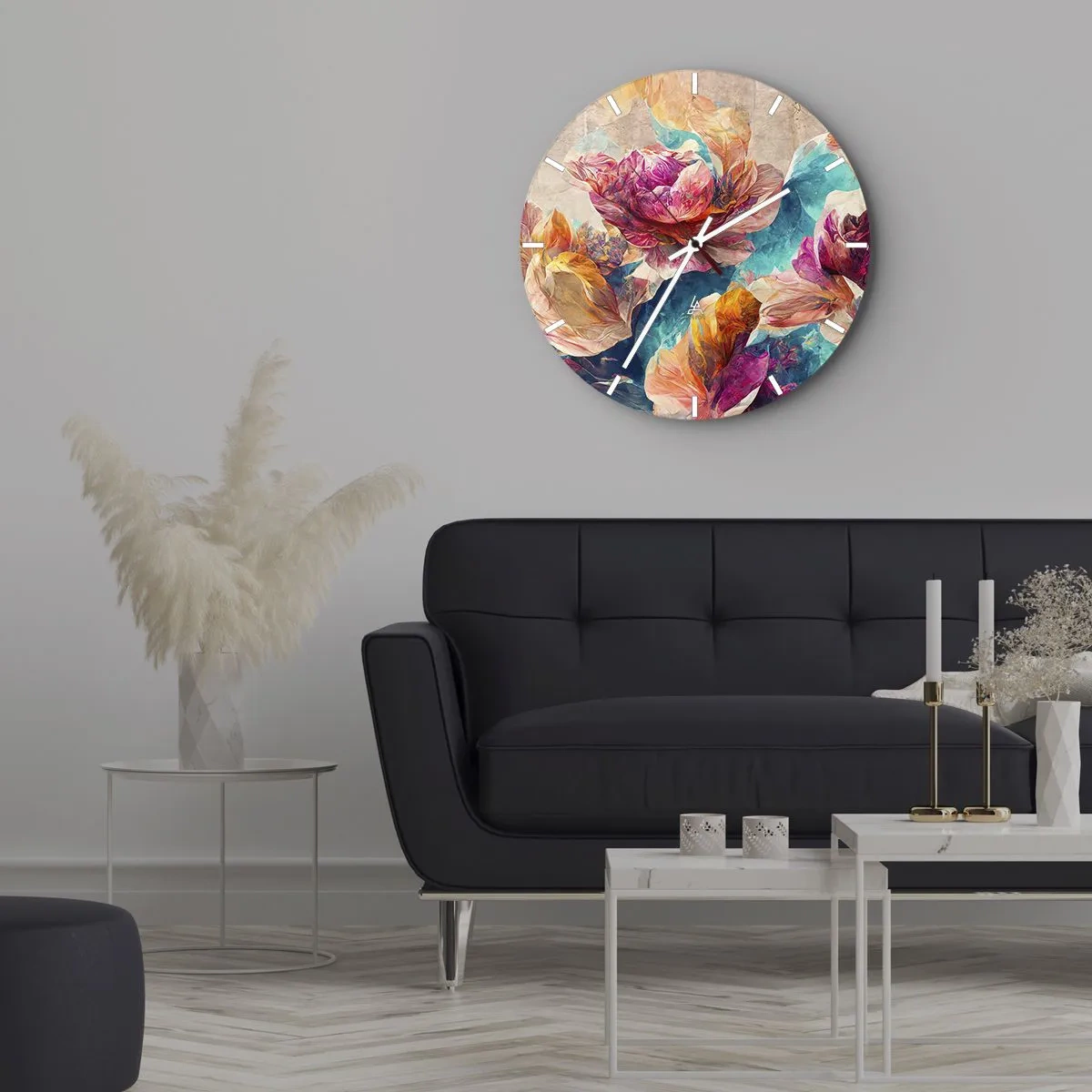 Nástěnné hodiny - Barevná kytice na tyrkysovém pozadí - 30x30cm - Barevné bohatství kytice - Moderní nástěnná dekorace do obývacího pokoje, kuchyně a ložnice ARTTOR