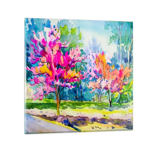 Obraz na skle - Duhová zahrada v jarním lesku - 30x30 cm