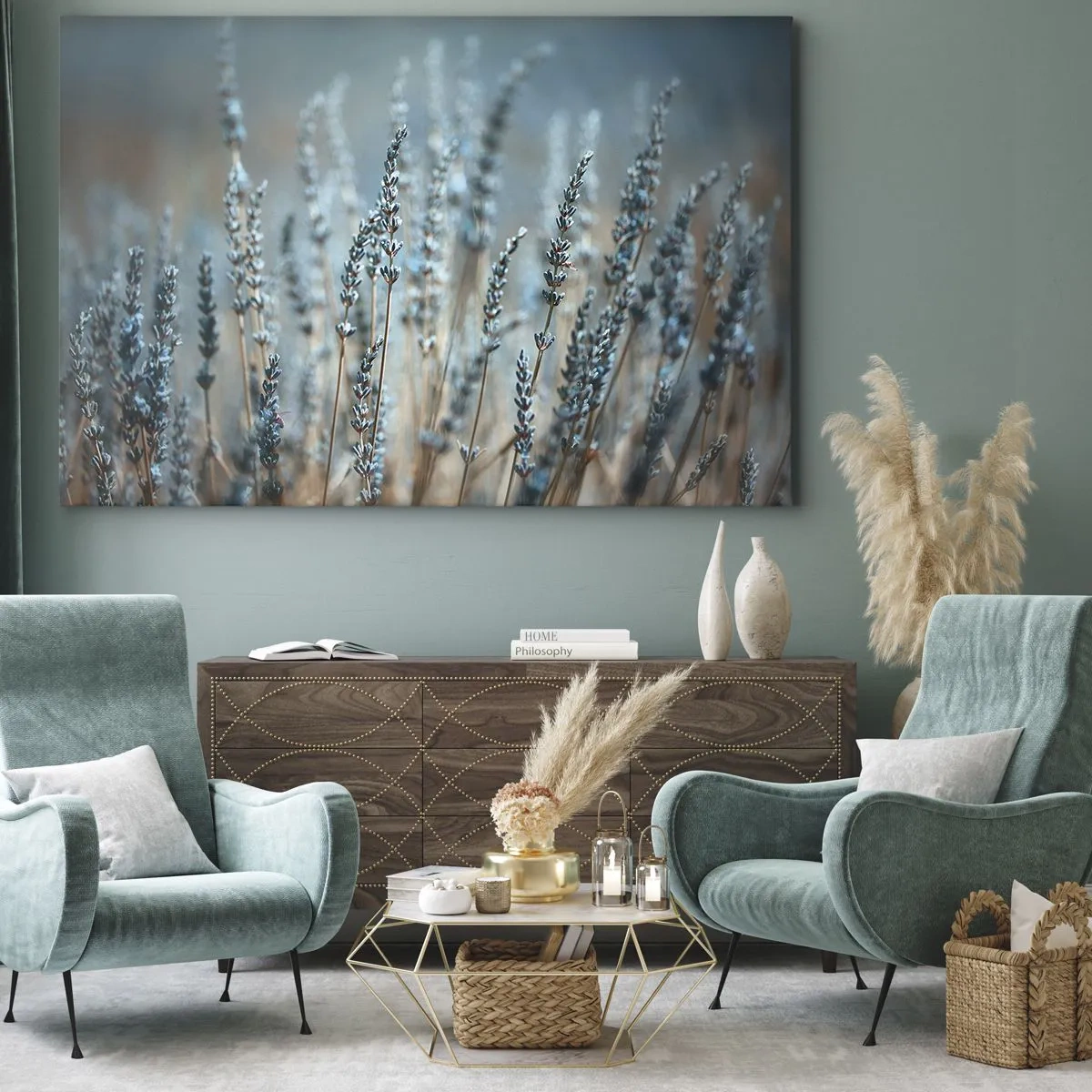 Obraz na plátně - Levandule na poli v jemných pastelových tónech - 70x50cm - Voňavý lán - Moderní nástěnná dekorace do obývacího pokoje a ložnice ARTTOR