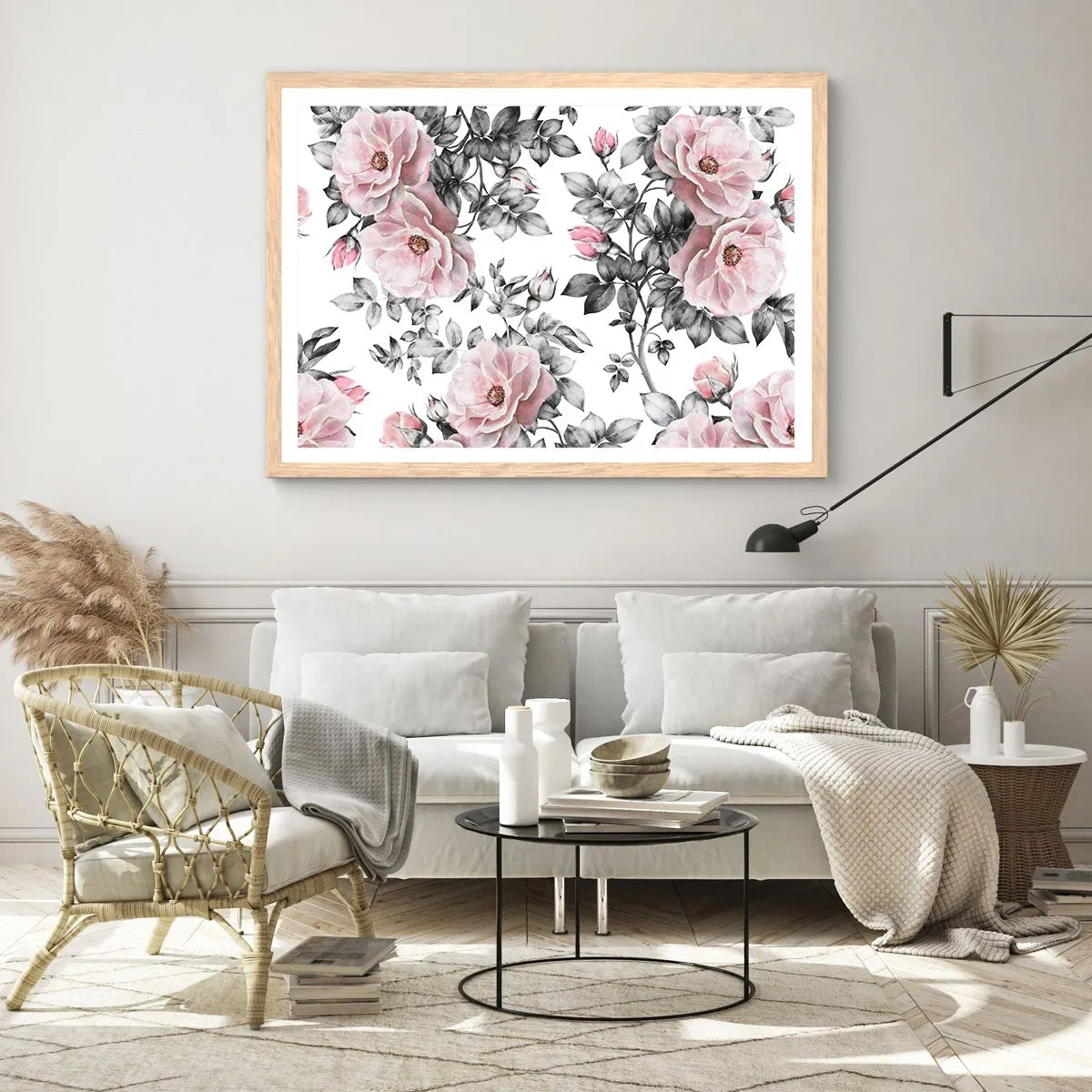 Plakát v rámu světlý dub - Ztratit se v květinách růží - 50x40 cm