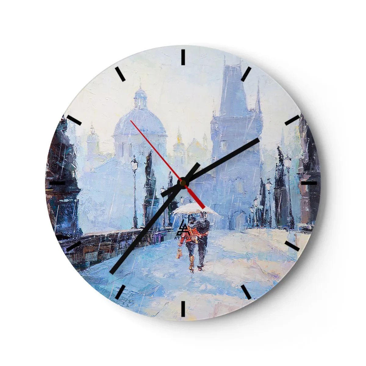 Nástěnné hodiny - Romantická scéna na mostě v dešti s malebným městským pozadím - 30x30cm - Nás musel okouzlit déšť - Moderní nástěnná dekorace do obývacího pokoje, kuchyně a ložnice ARTTOR
