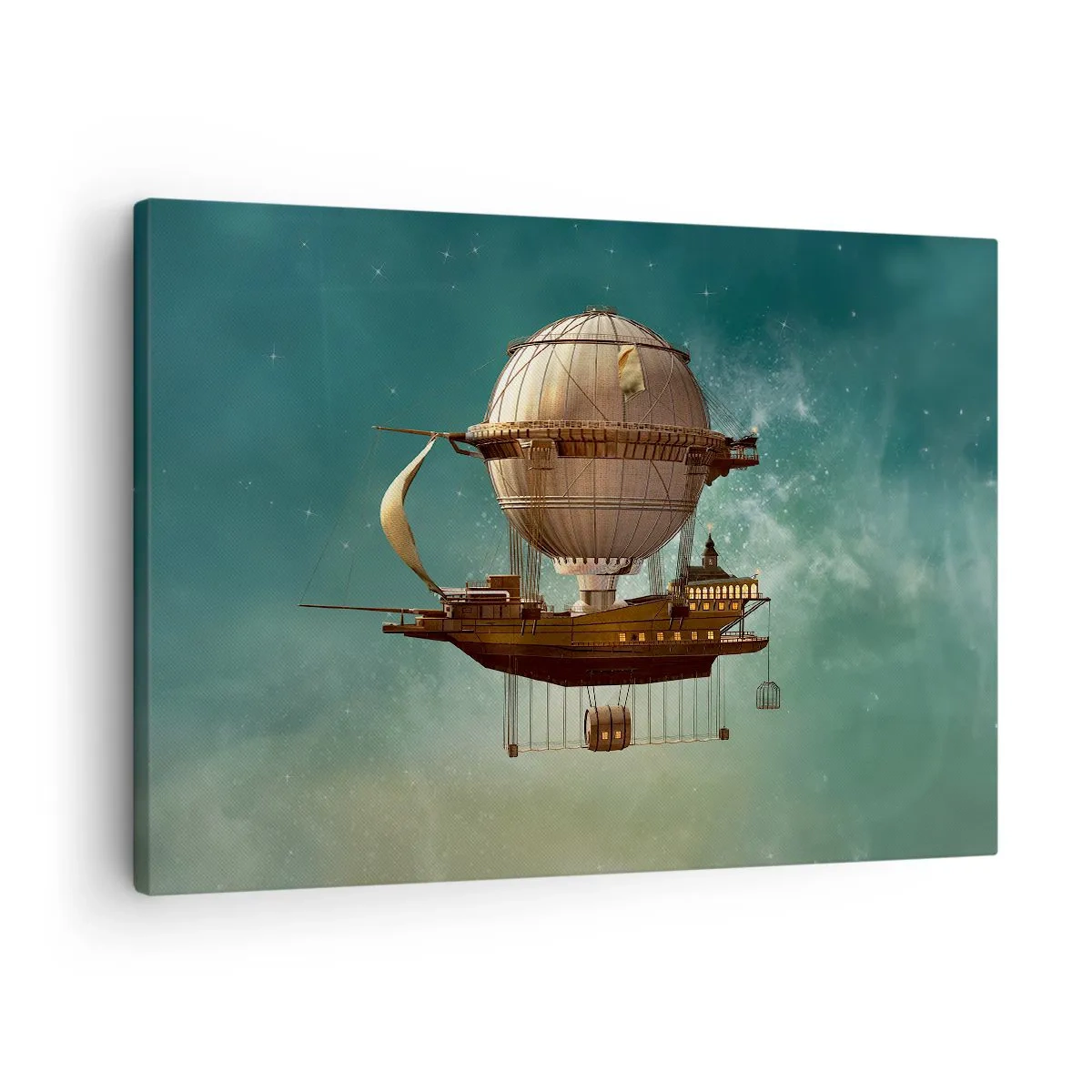 Obraz na plátně - Fantastická vzducholoď proti nazelenalé obloze - 70x50cm - Julius Verne zdraví - Moderní nástěnná dekorace do obývacího pokoje a ložnice ARTTOR