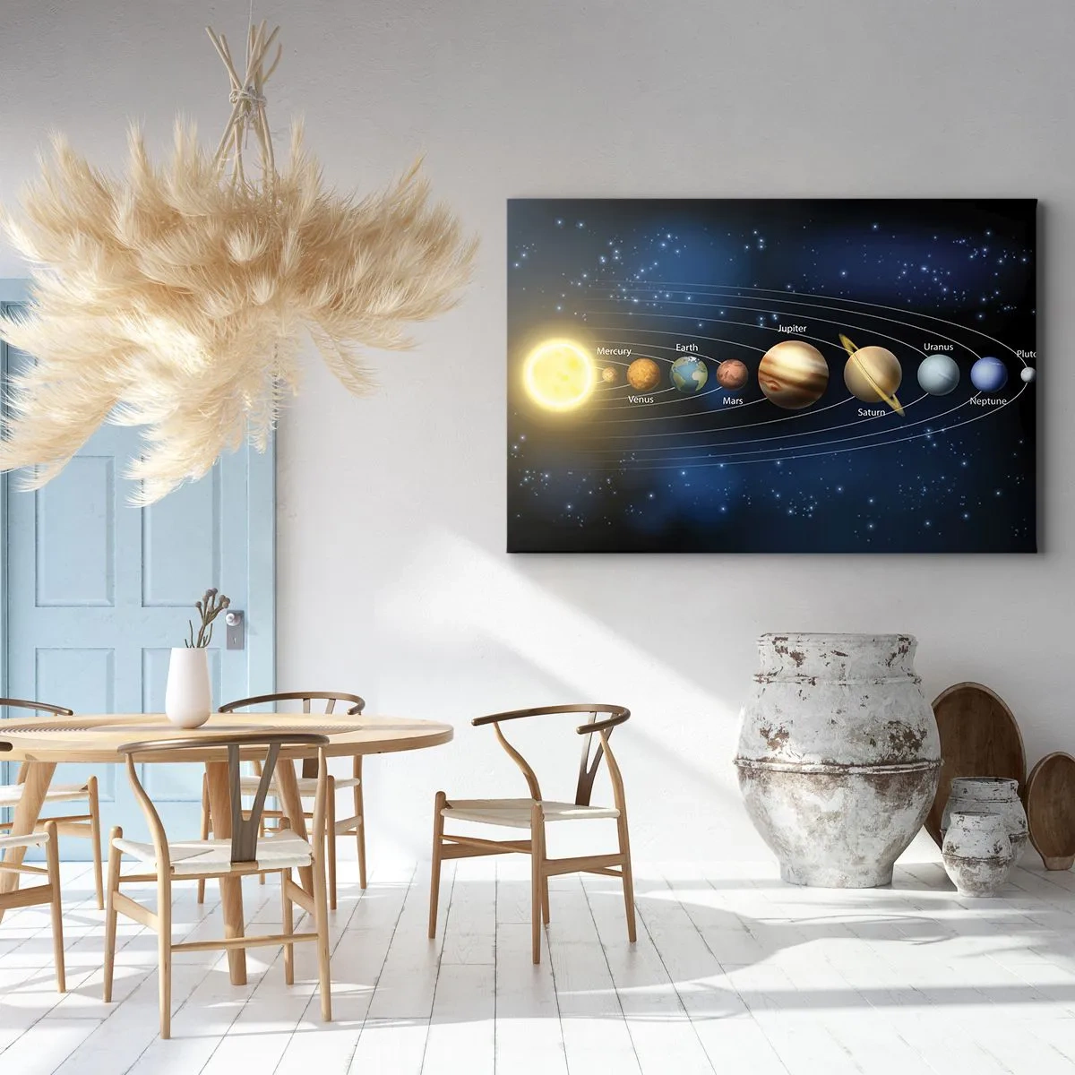 Obraz na plátně - Schéma sluneční soustavy s planetami a sluncem - 70x50cm - Jedna z deseti - Moderní nástěnná dekorace do obývacího pokoje a ložnice ARTTOR