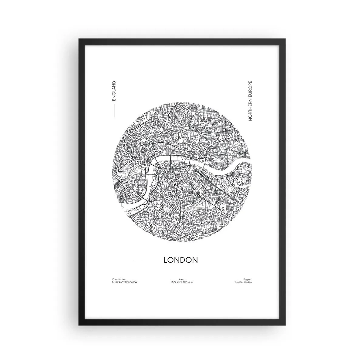 Plakát v černém rámu - Minimalistická černobílá mapa Londýna - 50x70cm - Anatomie Londýna - Moderní nástěnná dekorace do obývacího pokoje a ložnice ARTTOR