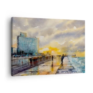 Obraz na plátně - Malebný výhled na přímořskou promenádu při západu slunce - 70x50cm - Život na pobřeží - Moderní nástěnná dekorace do obývacího pokoje a ložnice ARTTOR