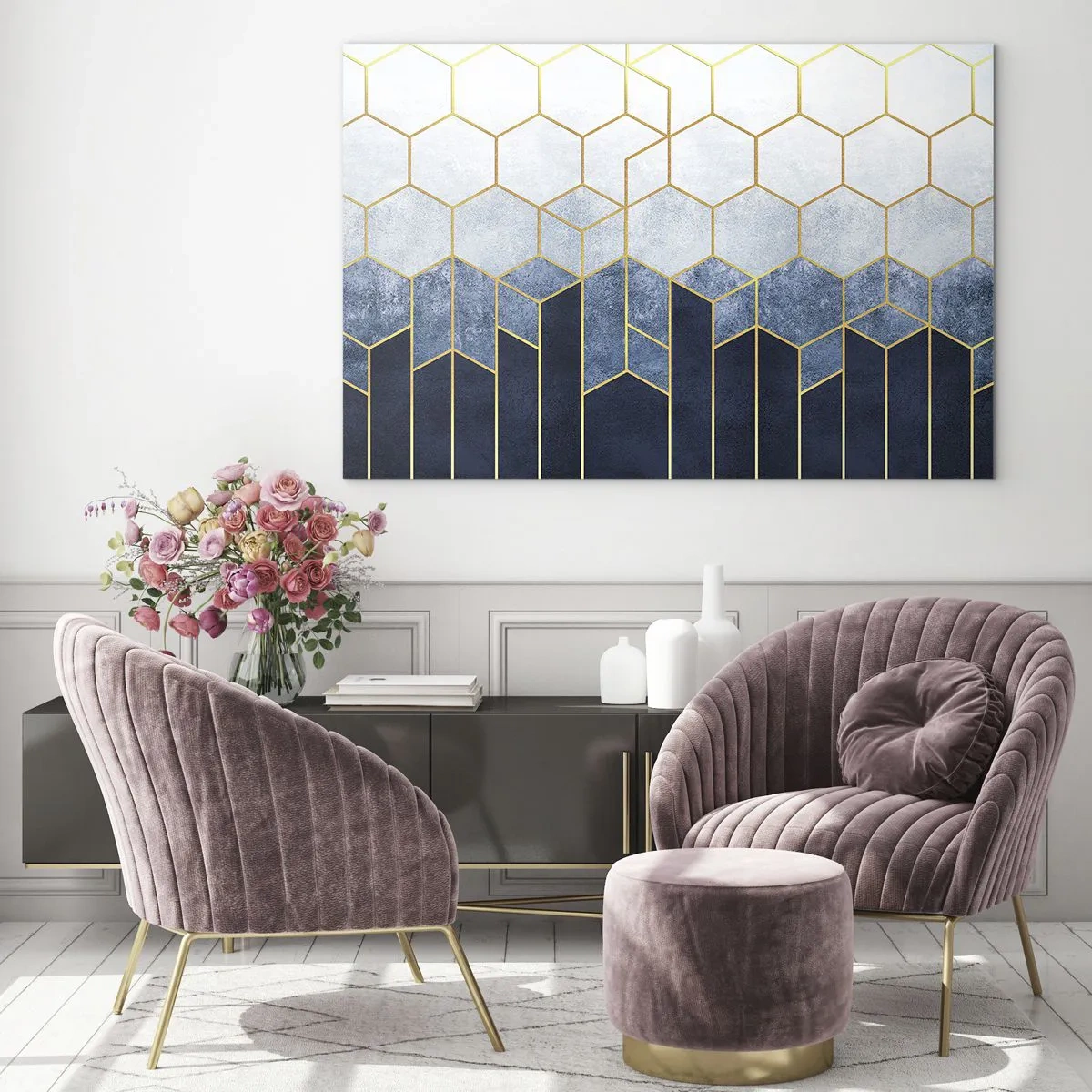 Obraz na skle - Geometrický vzor ve zlaté a tmavě modré barvě - 70x50cm - Kompozice v synkopickém rytmu - Moderní nástěnná dekorace do obývacího pokoje a ložnice ARTTOR