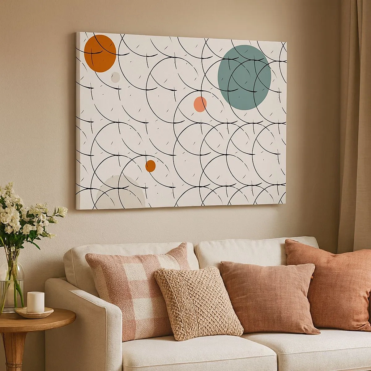 Obraz na plátně - Geometrický vzor s barevnými kruhy na světlém pozadí - 70x50cm - V duchu pop-artu - Moderní nástěnná dekorace do obývacího pokoje a ložnice ARTTOR