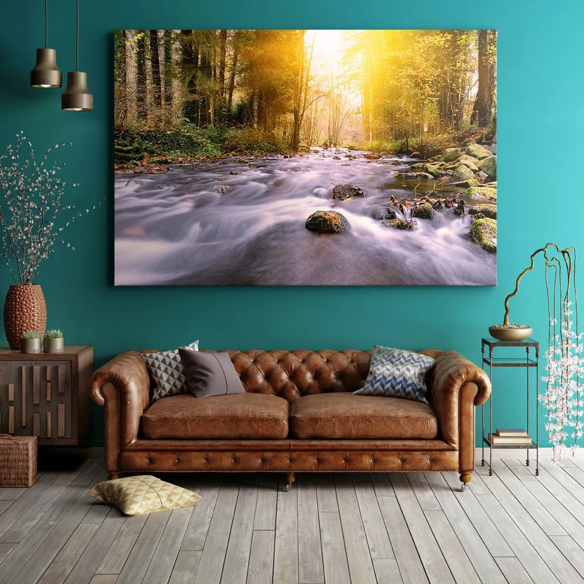 Obraz na plátně - Lesní potok ozářený slunečními paprsky - 70x50cm - Malachit ve stříbrně-zlaté podobě - Moderní nástěnná dekorace do obývacího pokoje a ložnice ARTTOR