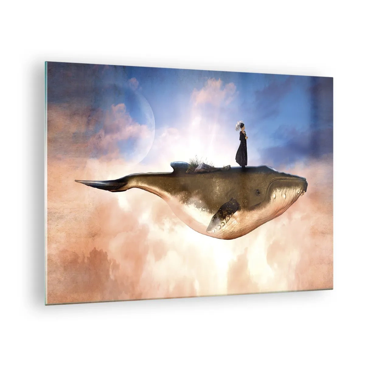 Obraz na skle - Fantastická velryba vznášející se v oblacích se ženou na zádech. - 70x50cm - Surrealistická cesta - Moderní nástěnná dekorace do obývacího pokoje a ložnice ARTTOR