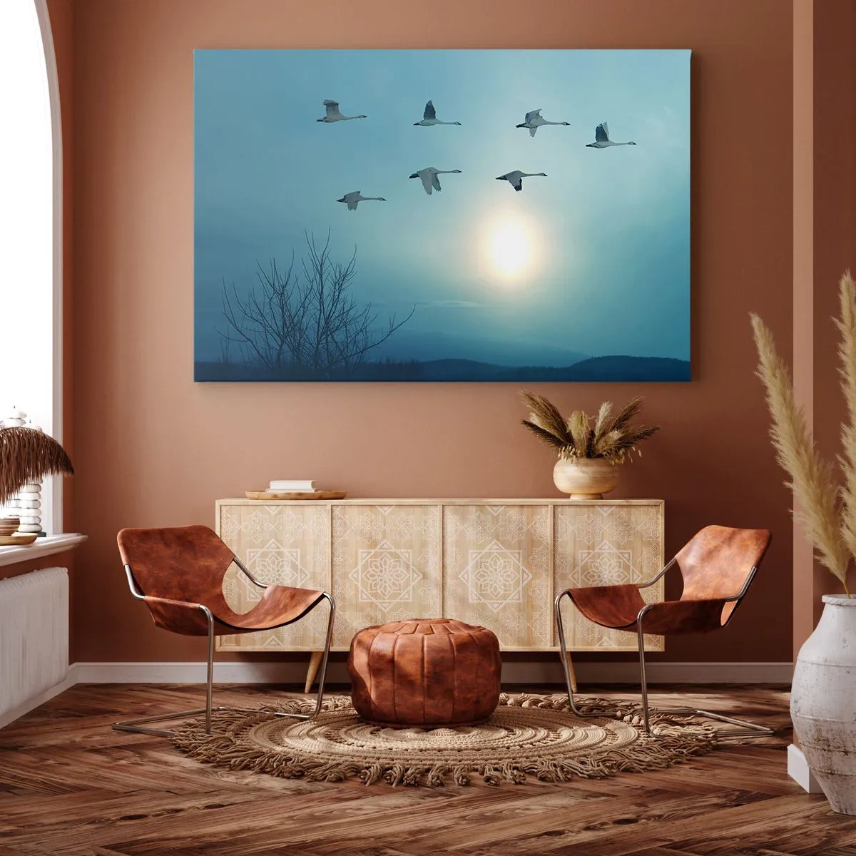 Obraz na plátně - Létající labutě ráno - 70x50cm - Sbohem léto na rok - Moderní nástěnná dekorace do obývacího pokoje a ložnice ARTTOR