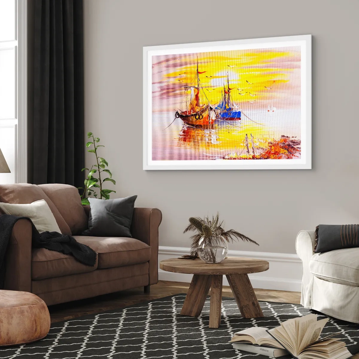 Plakát v bílém rámu - Zasloužený odpočinek v přístavu - 70x50 cm