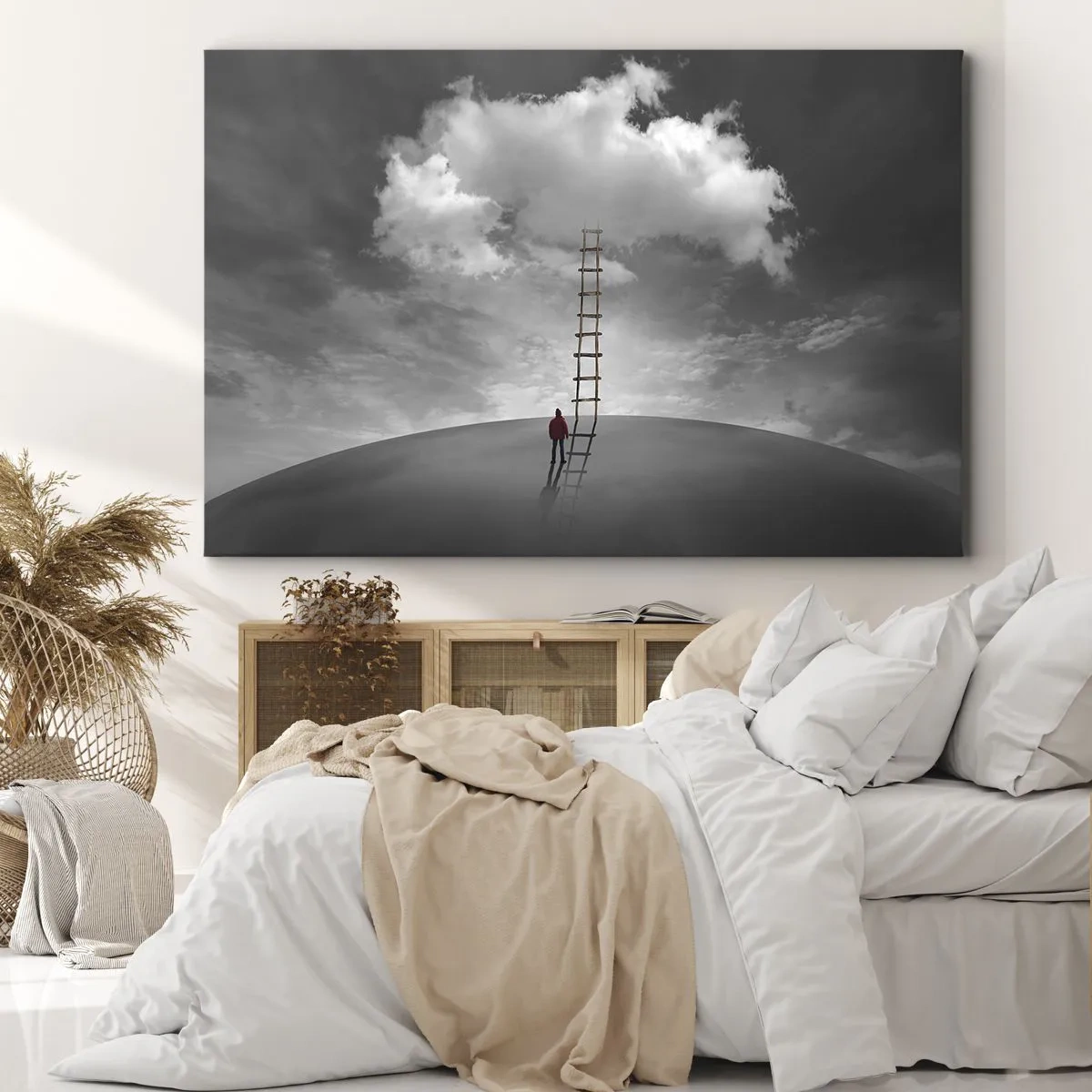 Obraz na plátně - Osoba v červeném kabátě a žebřík vedoucí k oblaku - 70x50cm - Všechno je možné - Moderní nástěnná dekorace do obývacího pokoje a ložnice ARTTOR