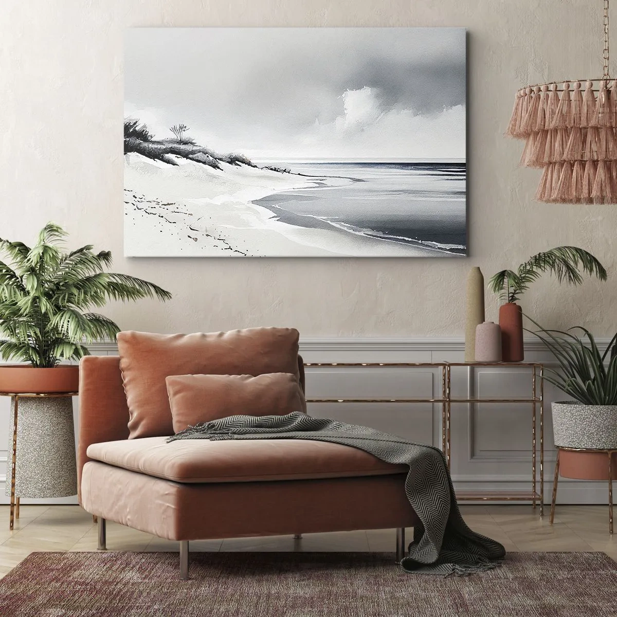 Obraz na plátně - Pláž v tlumených odstínech šedé a modré - 70x50cm - Vždycky spolu - Moderní nástěnná dekorace do obývacího pokoje a ložnice ARTTOR