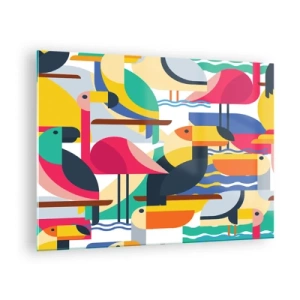 Obraz na skle - Abstraktní ilustrace barevných ptáků v geometrickém stylu - 70x50cm - Ptačí párty - Moderní nástěnná dekorace do obývacího pokoje a ložnice ARTTOR
