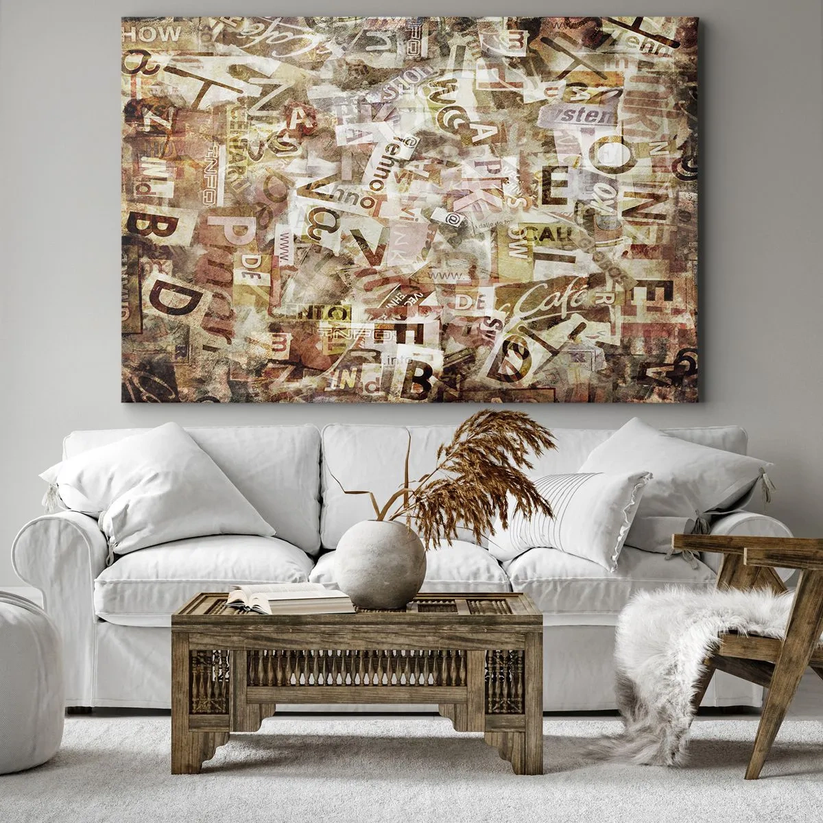 Obraz na plátně - Abstraktní kompozice s písmeny a fragmenty textu - 70x50cm - Kecy, kecy, kecy - Moderní nástěnná dekorace do obývacího pokoje a ložnice ARTTOR