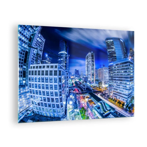 Obraz na skle - Panorama moderního města v noci s jasnými světly - 70x50cm - Rytmy nočního města - Moderní nástěnná dekorace do obývacího pokoje a ložnice ARTTOR