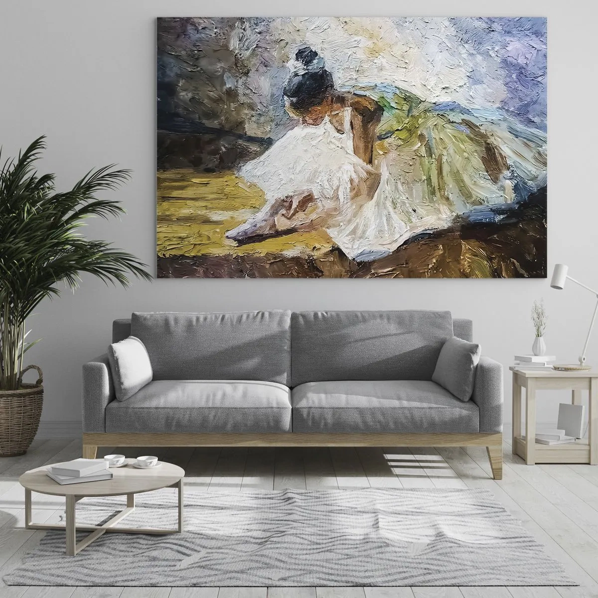 Obraz na skle - Baletka se naklání dopředu v bílých šatech namalovaných olejovou texturou - 70x50cm - Z Degasova obrazu - Moderní nástěnná dekorace do obývacího pokoje a ložnice ARTTOR