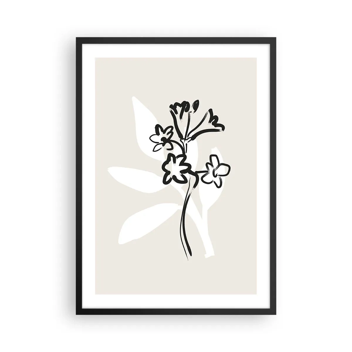 Plakát v černém rámu - Minimalistická kresba květin - 50x70cm - Náčrtek pro herbář - Moderní nástěnná dekorace do obývacího pokoje a ložnice ARTTOR