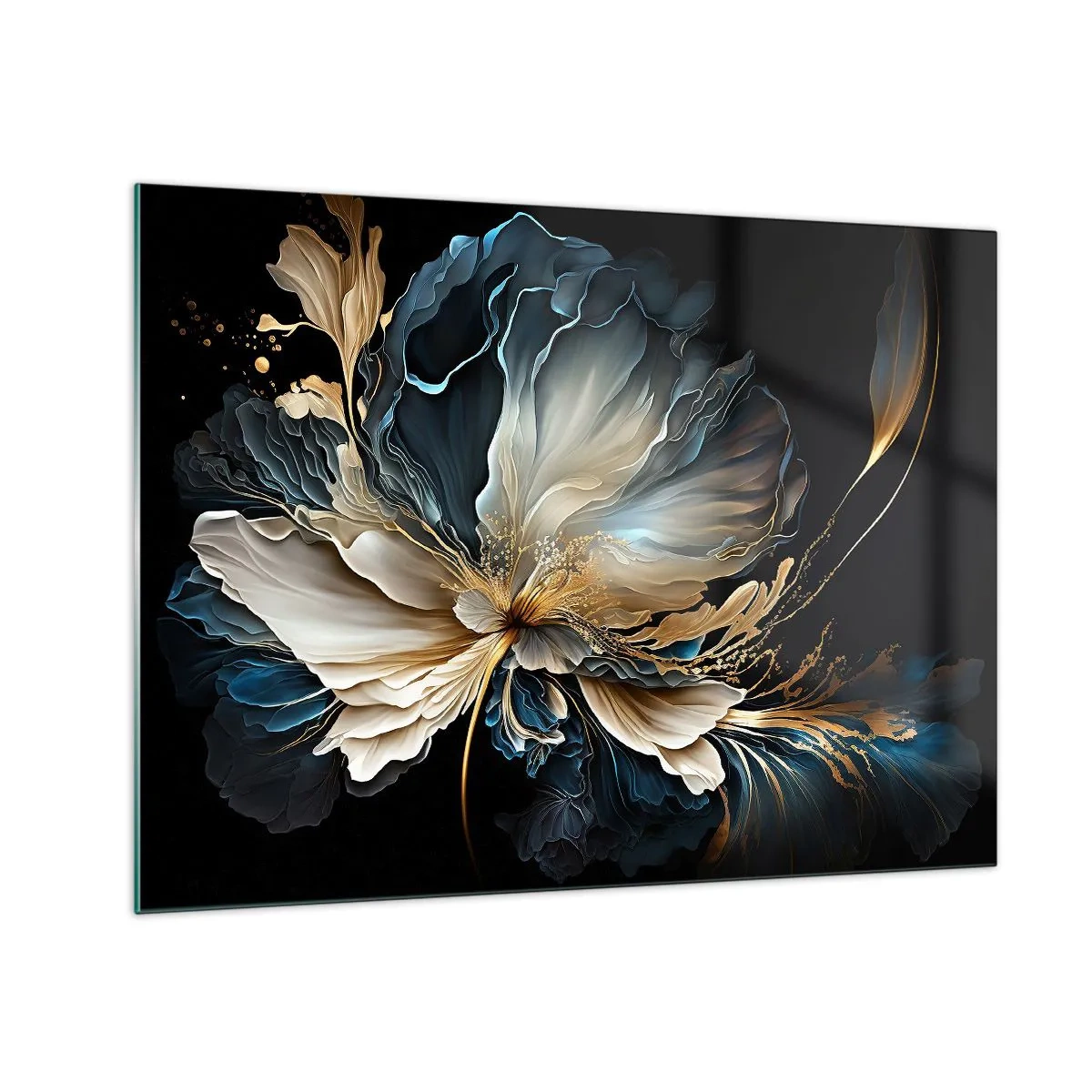 Obraz na skle - Luxusní květina v odstínech zlaté, tmavě modré a béžové na černém pozadí - 70x50cm - Pohádkový květ kapradí - Moderní nástěnná dekorace do obývacího pokoje a ložnice ARTTOR