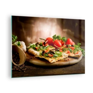 Obraz na skle - Pizza na dřevěném prkénku s rukolou a rajčaty - 70x50cm - Přímo z pece a ze zahrady - Moderní nástěnná dekorace do obývacího pokoje a ložnice ARTTOR