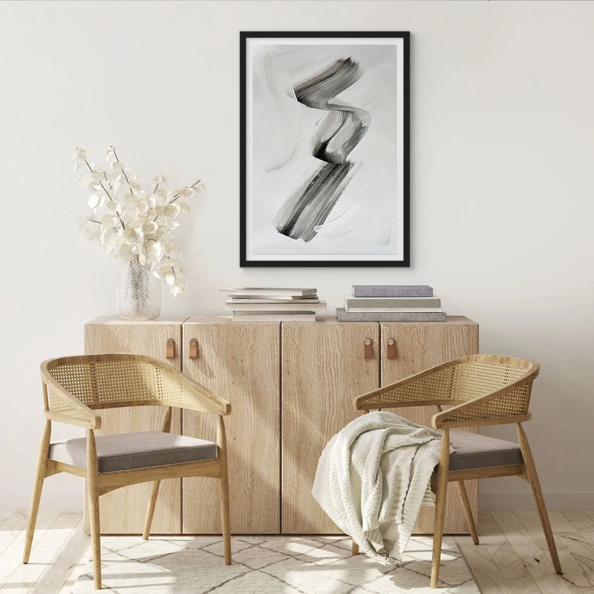 Plakát v černém rámu - Minimalistický černobílý štětec - 50x70cm - Jen tak pro radost - Moderní nástěnná dekorace do obývacího pokoje a ložnice ARTTOR