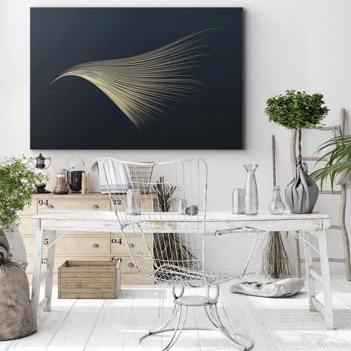 Obraz na plátně - Jemná linie podobná peříčku na tmavě modrém pozadí - 70x50cm - Jako andělské vlasy - Moderní nástěnná dekorace do obývacího pokoje a ložnice ARTTOR