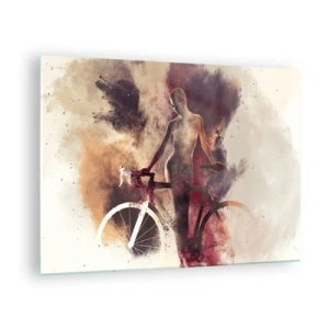 Obraz na skle - Silueta jízdního kola v uměleckém oblaku barev - 70x50cm - Cyklistická duše v mramorových tvarech - Moderní nástěnná dekorace do obývacího pokoje a ložnice ARTTOR