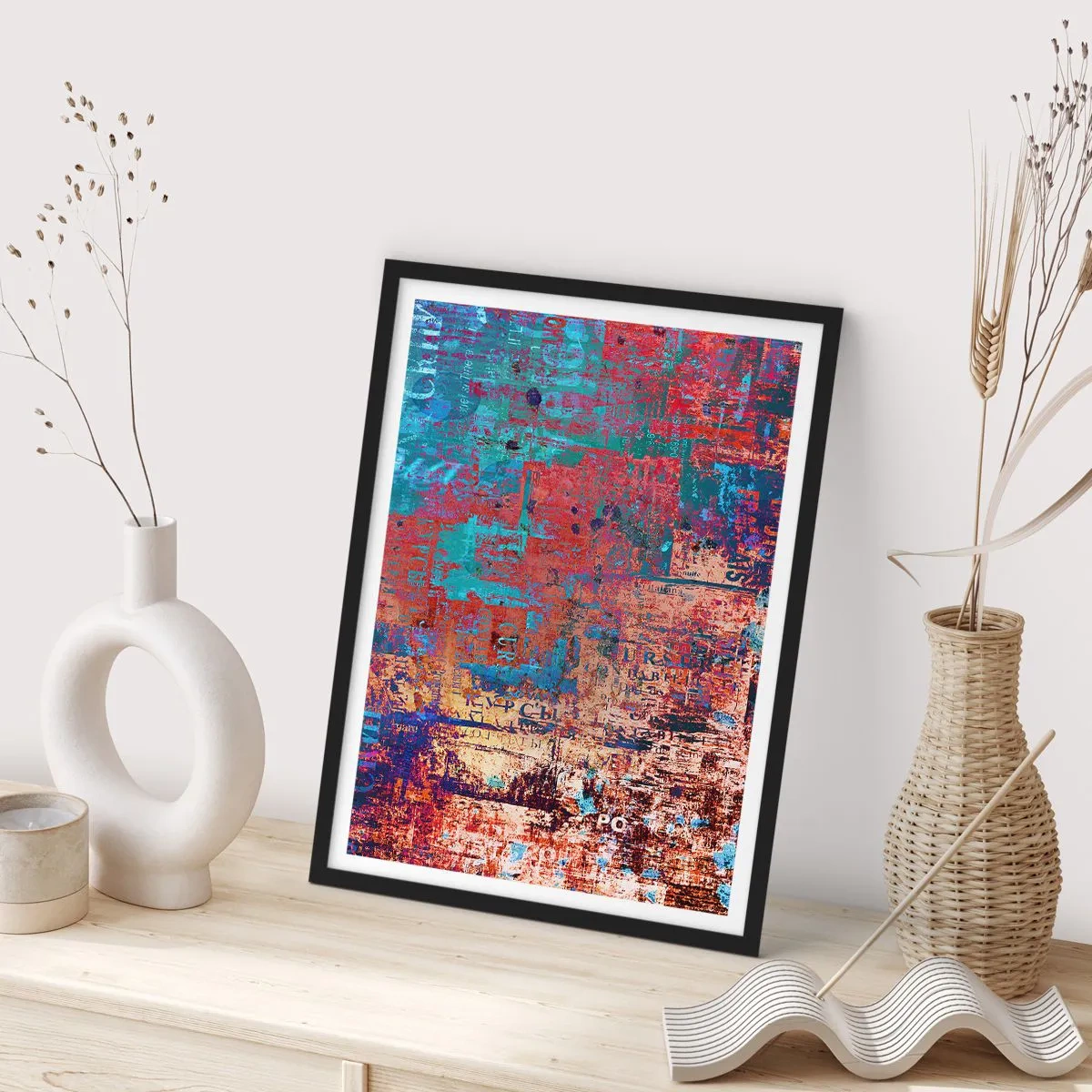 Plakát v černém rámu - Barevná abstrakce s intenzivními odstíny červené a modré - 50x70cm - Paměť a zapomnění - Moderní nástěnná dekorace do obývacího pokoje a ložnice ARTTOR
