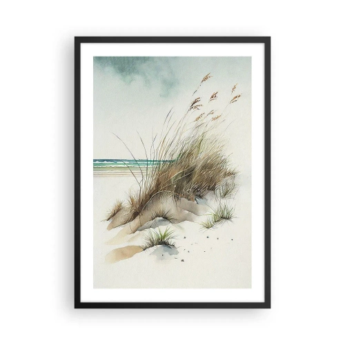 Plakát v černém rámu - Duny ve stylu akvarelu s trávou u klidného moře - 50x70cm - Zahalené v písku - Moderní nástěnná dekorace do obývacího pokoje a ložnice ARTTOR