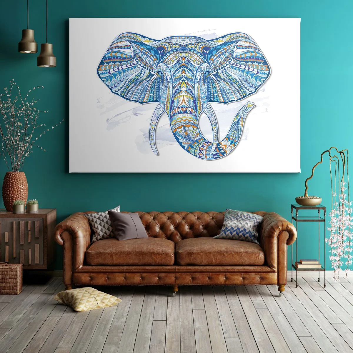Obraz na plátně - Geometrický slon v odstínech modré a zlaté - 70x50cm - Vykládaná zlatem a modří - Moderní nástěnná dekorace do obývacího pokoje a ložnice ARTTOR