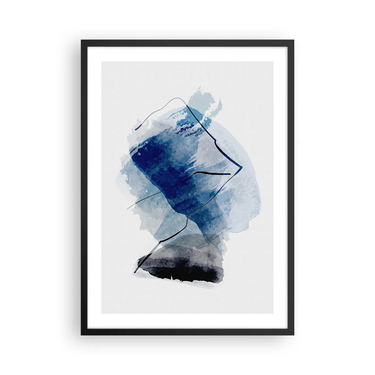 Plakát v černém rámu - Abstrakce v odstínech modré s černými linkami - 50x70cm - Ledová hora - Moderní nástěnná dekorace do obývacího pokoje a ložnice ARTTOR