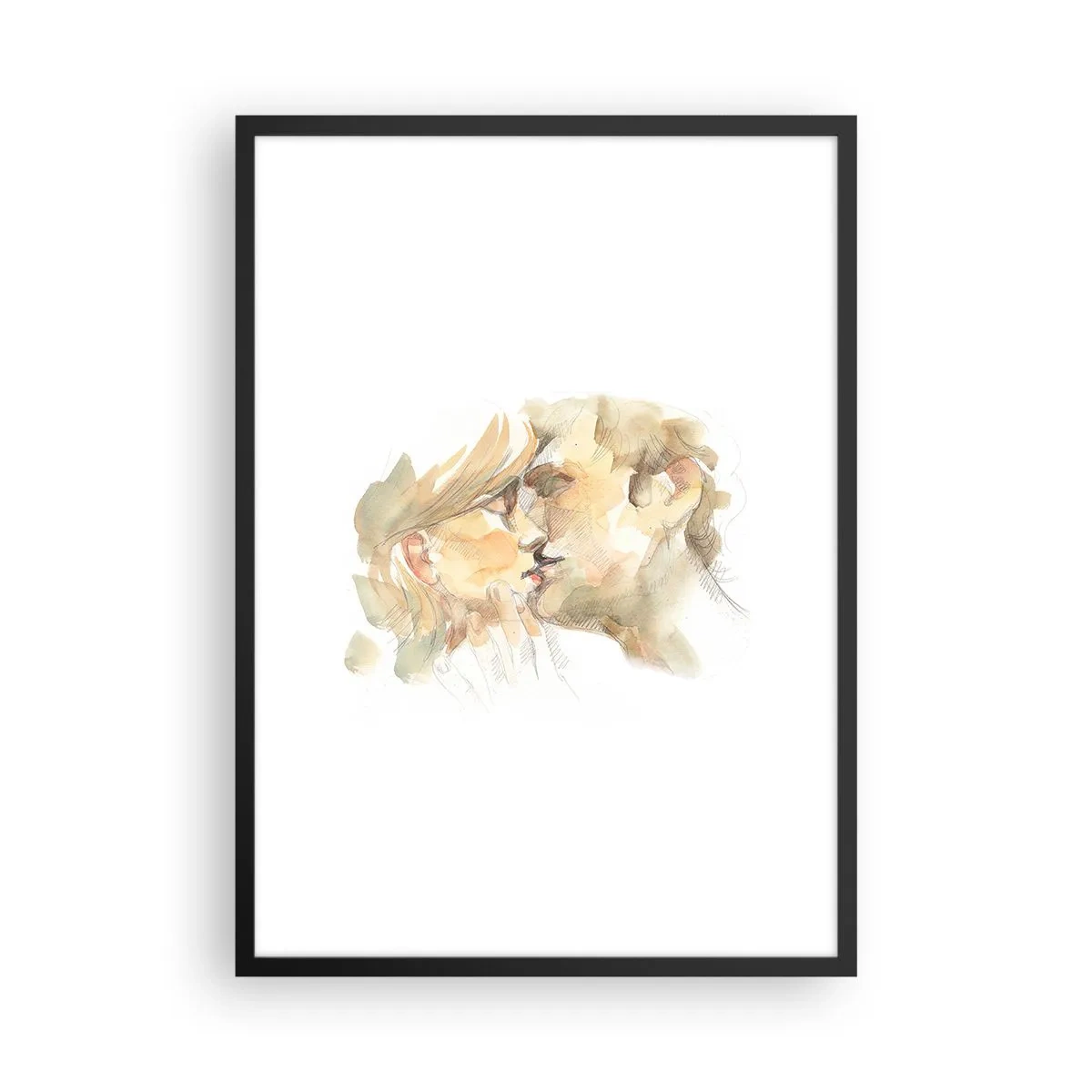 Plakát v černém rámu - Jemný akvarelový portrét páru v něžném polibku. - 50x70cm - Nalezena polovina? - Moderní nástěnná dekorace do obývacího pokoje a ložnice ARTTOR