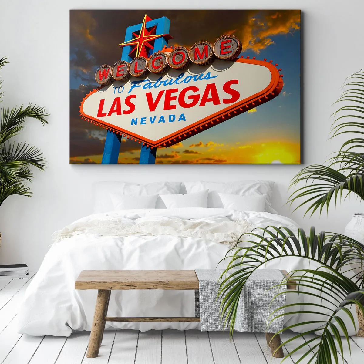 Obraz na plátně - Slavný nápis Vítejte v báječném Las Vegas při západu slunce - 70x50cm - Po úsměv osudu - Moderní nástěnná dekorace do obývacího pokoje a ložnice ARTTOR