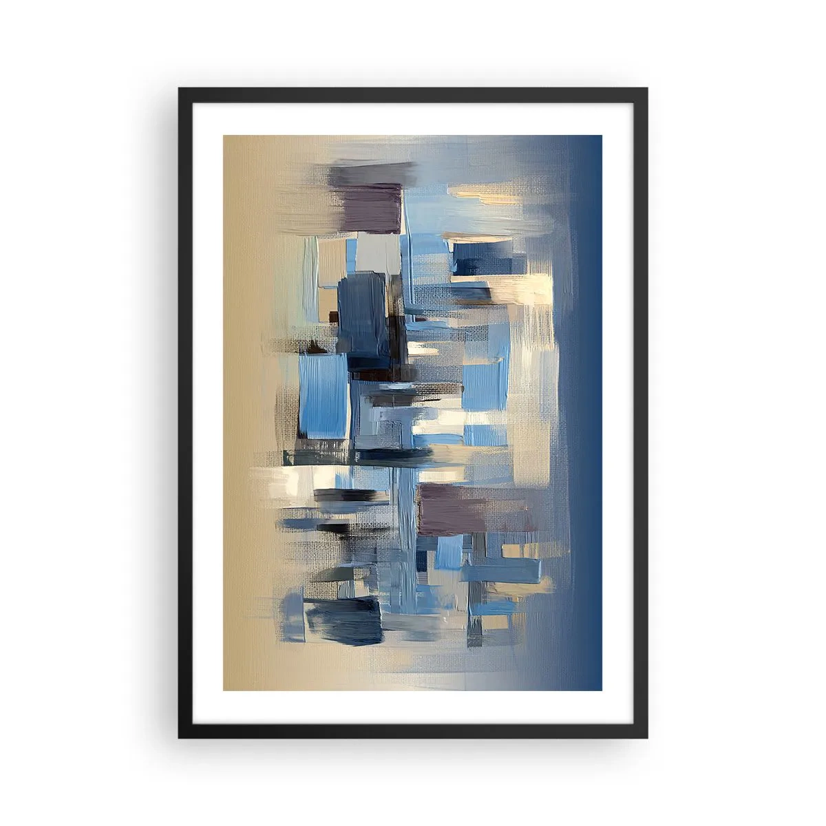 Plakát v černém rámu - Abstraktní geometrická kompozice v odstínech modré - 50x70cm - Modrá konstrukce - Moderní nástěnná dekorace do obývacího pokoje a ložnice ARTTOR