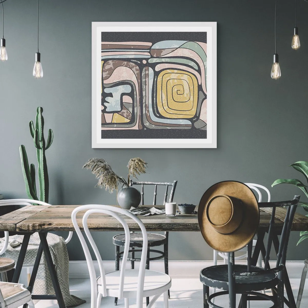 Plakát v bílém rámu - Abstrakce v předkolumbovském duchu - 50x50 cm