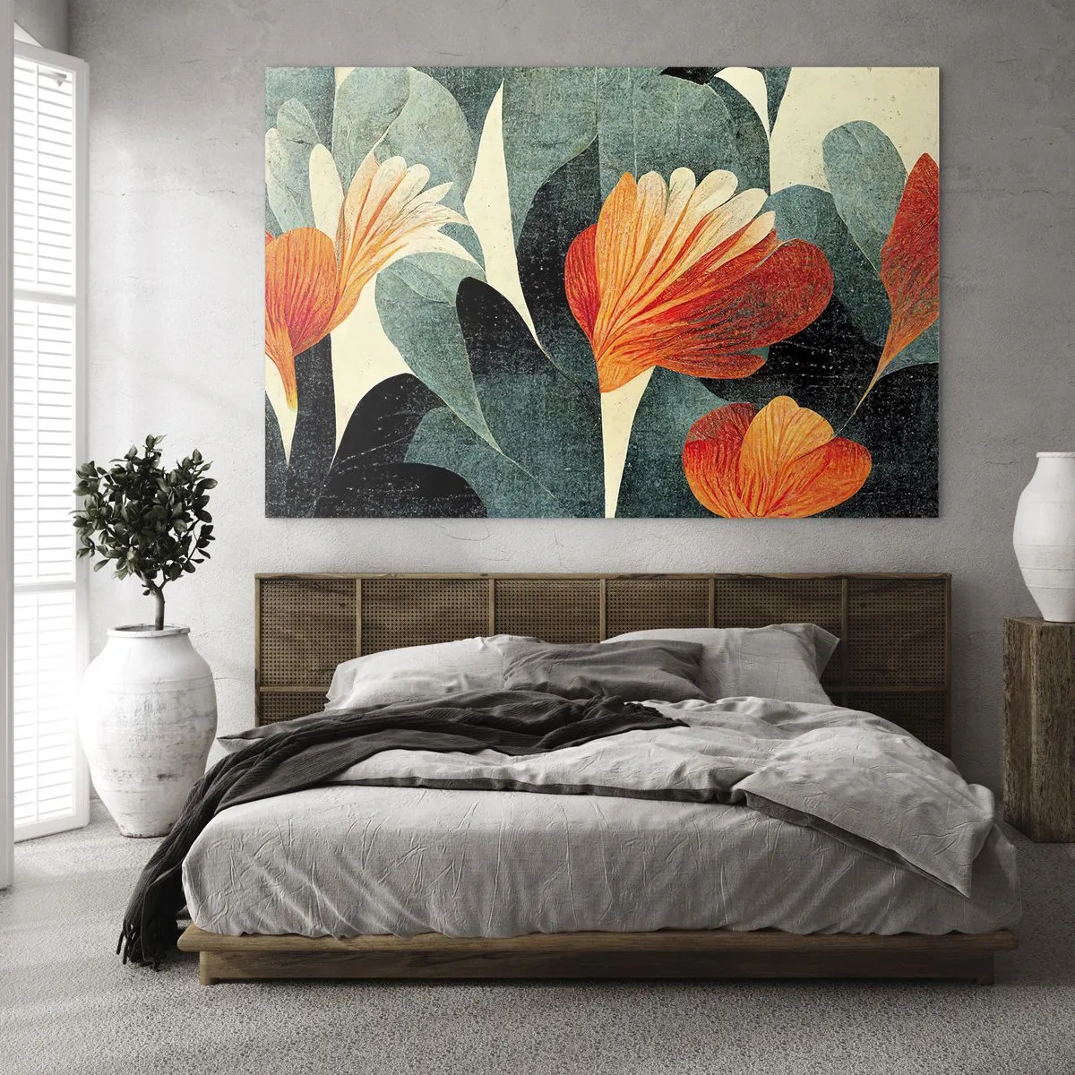 Obraz na skle - Oranžové květy na pozadí tmavě zelených listů - 70x50cm - Tropické horko a chlad zeleně - Moderní nástěnná dekorace do obývacího pokoje a ložnice ARTTOR