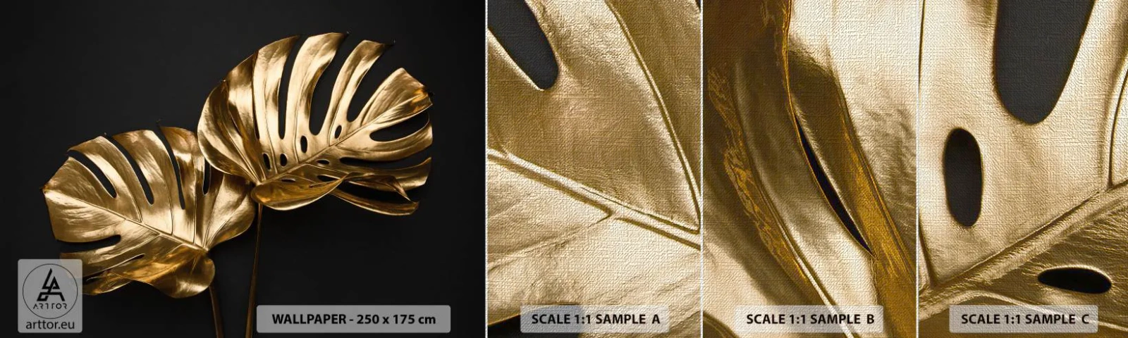 Vzor Fototapety Premium Canvas - Poklady přírody - Abstrakce, Zlaté listy, List Monstera - 100x30 cm