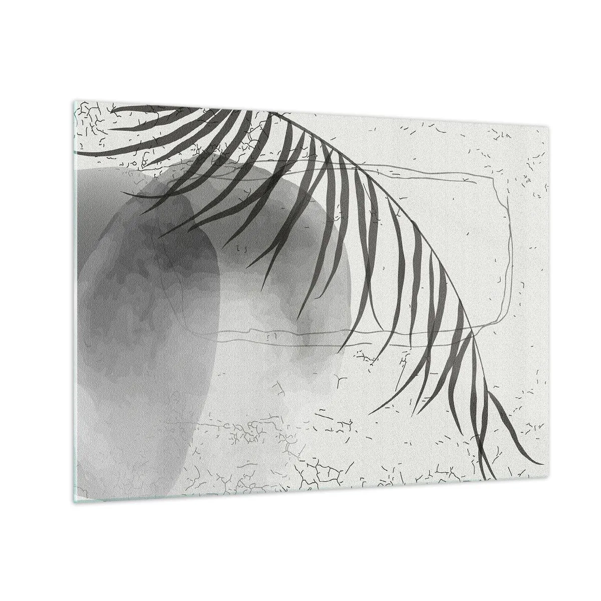 Obraz na skle - Černobílý stín palmového listu - 70x50cm - Subtilní exotika přírody - Moderní nástěnná dekorace do obývacího pokoje a ložnice ARTTOR