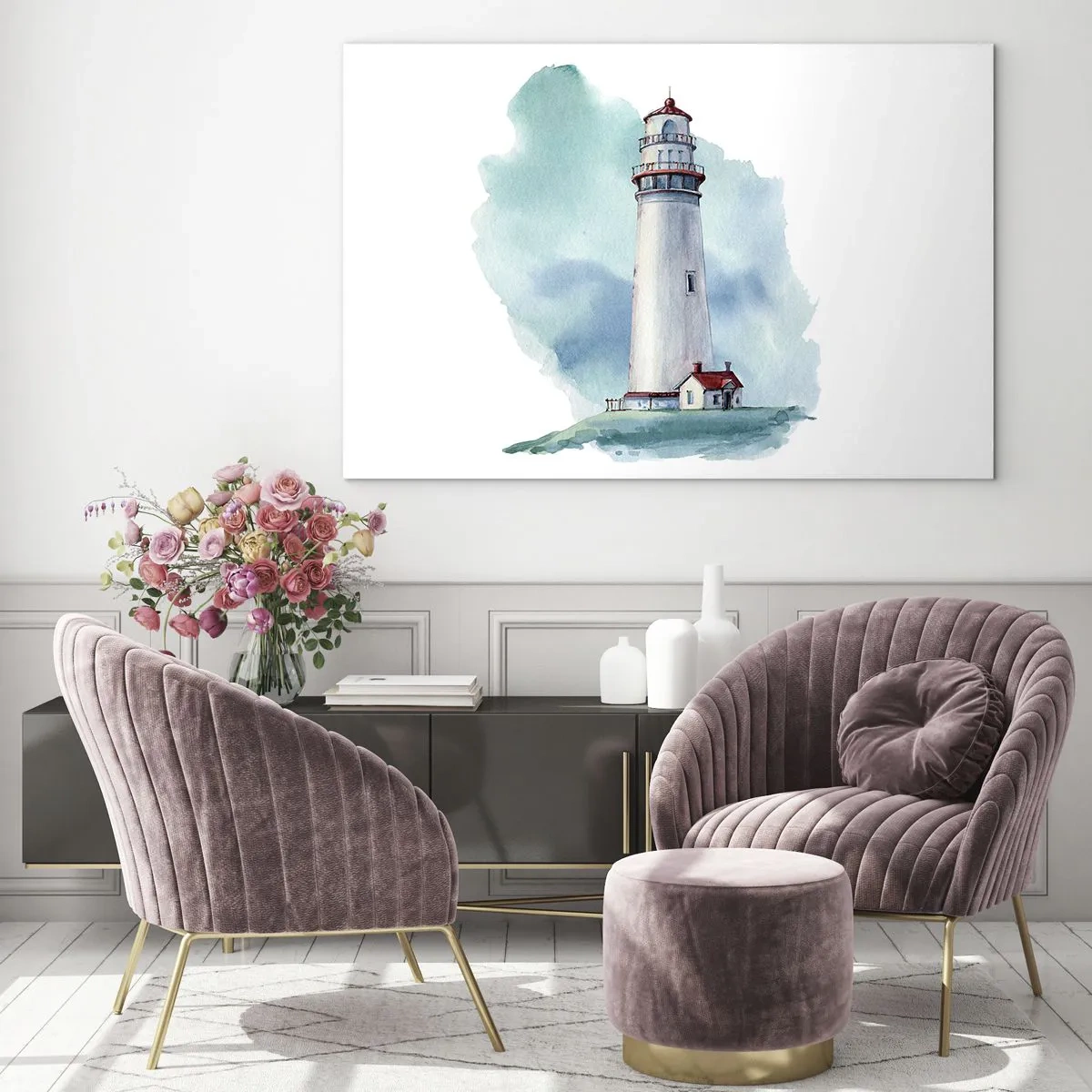Obraz na skle - Maják proti modré obloze akvarelem - 70x50cm - Něžná sestra blankytu - Moderní nástěnná dekorace do obývacího pokoje a ložnice ARTTOR