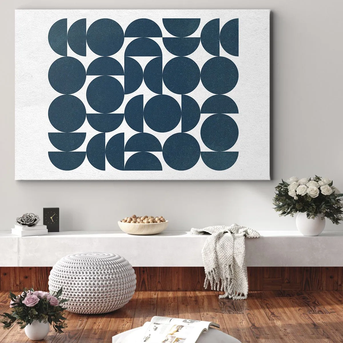 Obraz na plátně - Geometrické tvary v odstínech tmavě modré na bílém pozadí - 70x50cm - Kruhy a půlkruhy - Moderní nástěnná dekorace do obývacího pokoje a ložnice ARTTOR