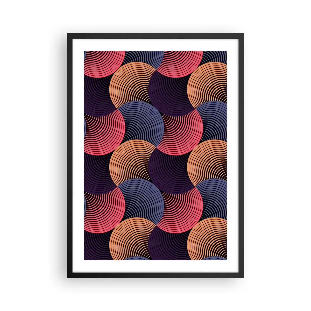Plakát v černém rámu - Geometrický vzor s barevnými soustřednými kruhy - 50x70cm - V kruhovém rytmu - Moderní nástěnná dekorace do obývacího pokoje a ložnice ARTTOR