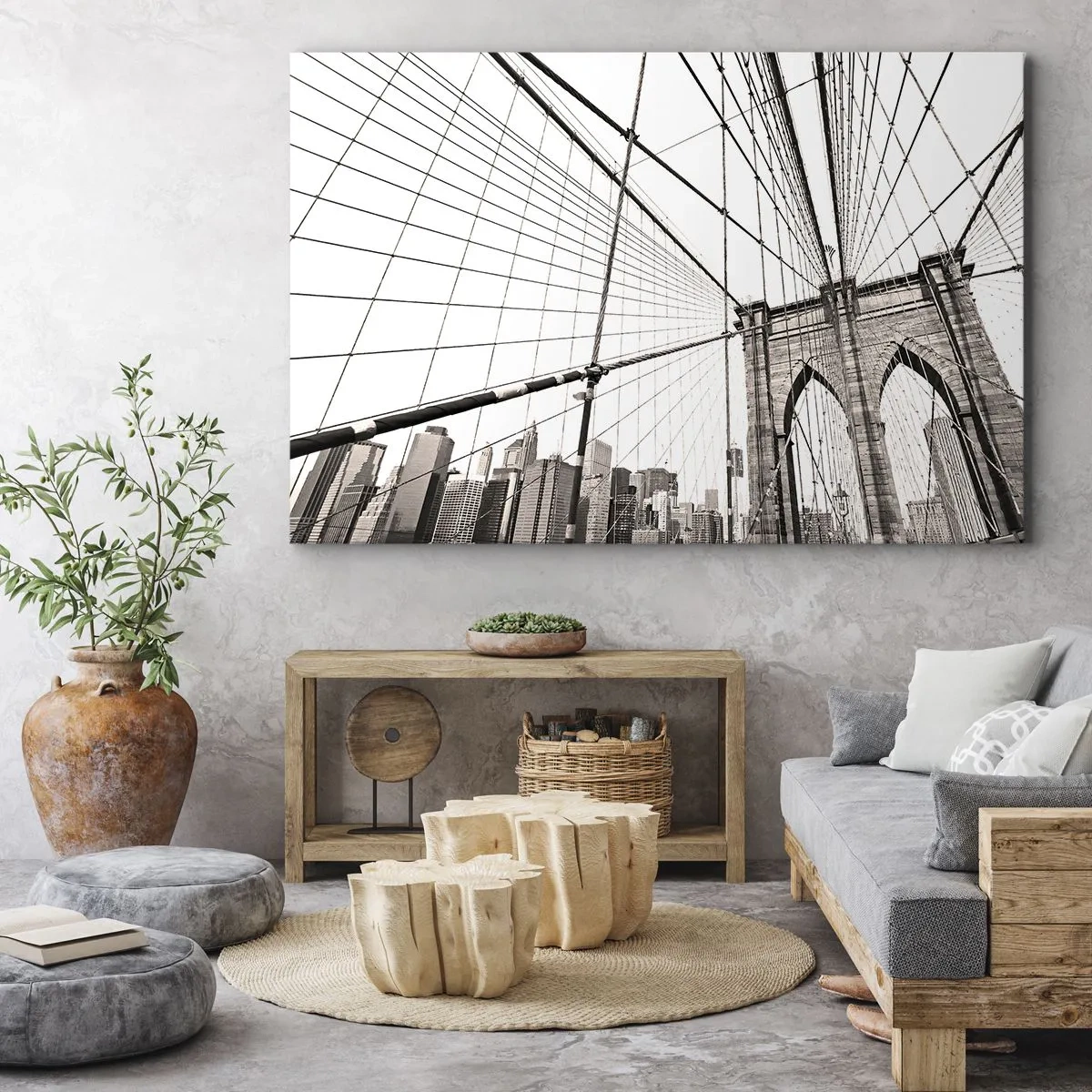 Obraz na plátně - Brooklynský most v černobílém provedení - 70x50cm - Newyorská katedrála - Moderní nástěnná dekorace do obývacího pokoje a ložnice ARTTOR