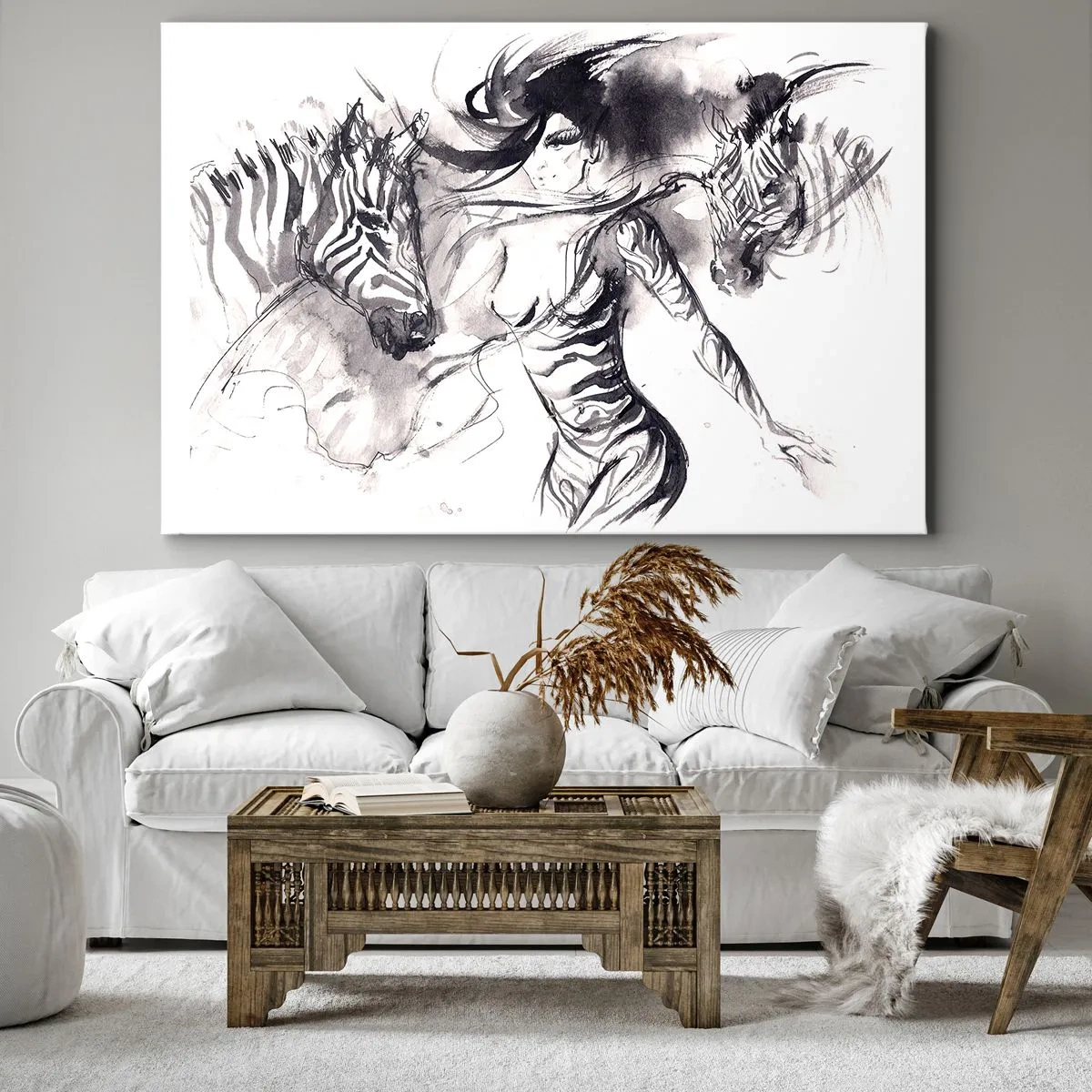Obraz na plátně - Žena v dynamickém tanci se zebrami v černobílé estetice - 70x50cm - Tančící se zebrami - Moderní nástěnná dekorace do obývacího pokoje a ložnice ARTTOR