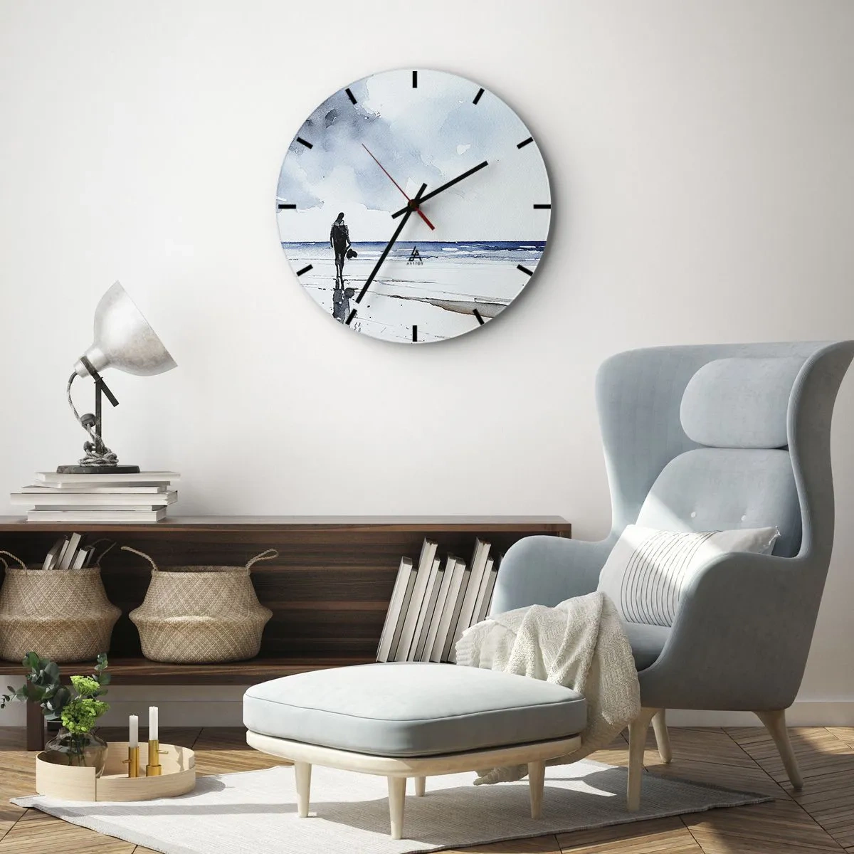 Nástěnné hodiny - Postava na pláži s výhledem na moře - 30x30cm - Rozhovor s mořem - Moderní nástěnná dekorace do obývacího pokoje, kuchyně a ložnice ARTTOR