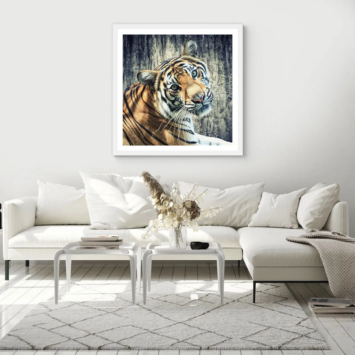 Plakát v bílém rámu - Portrét v pramenech světla - 60x60 cm