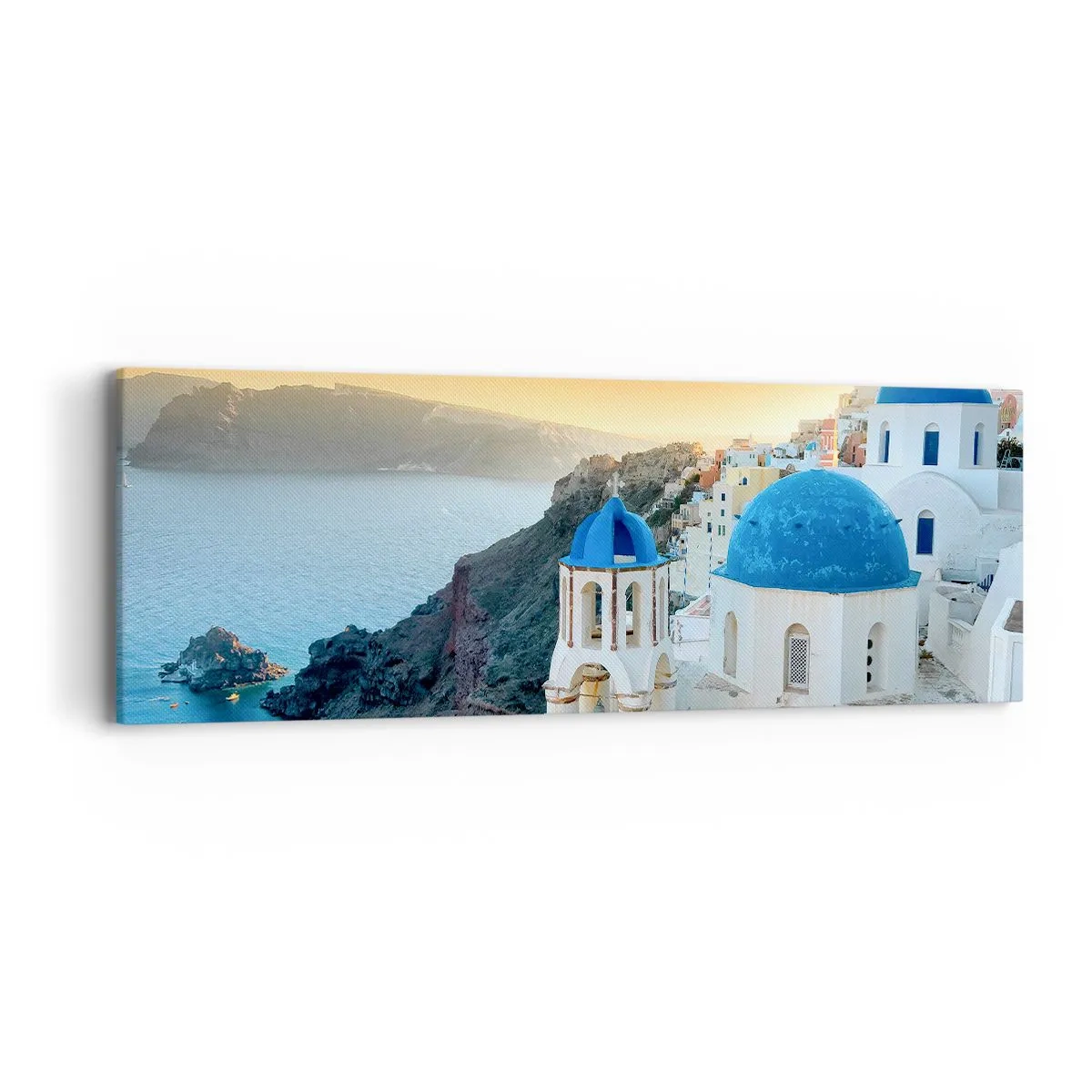 Obraz na plátně - Santorini - přitulené ke skalám - 90x30 cm